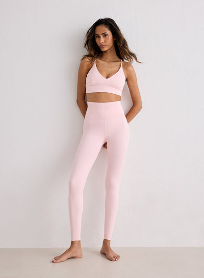 Model wearing pink high-waisted Ballerina Sense Tights and matching sports bra from aim'n [XS-170cm]
